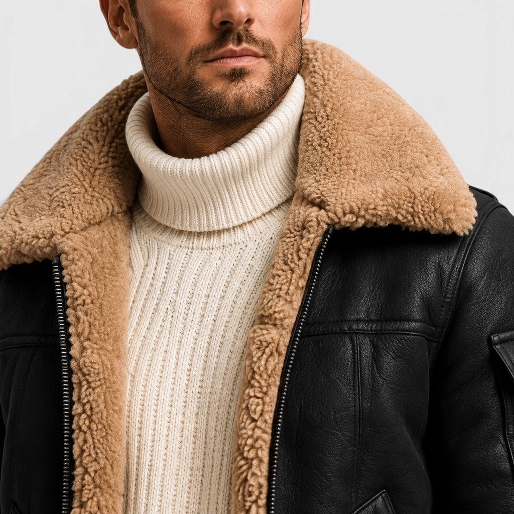 Monvaline | Men’s Shearling Leather Jacket – Faux Fur Lined