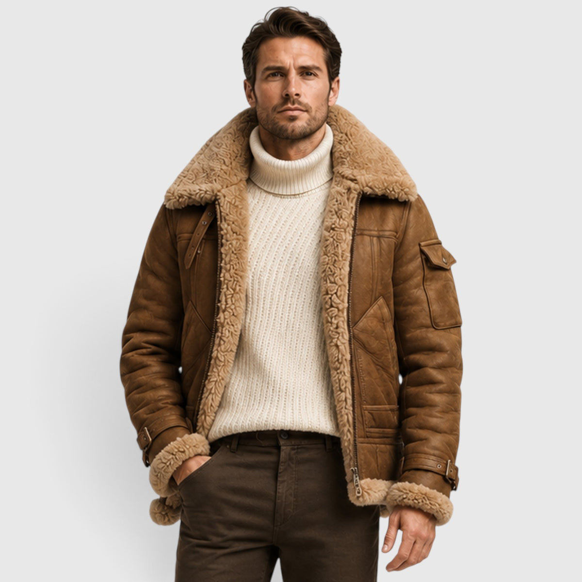 Monvaline | Men’s Shearling Leather Jacket – Faux Fur Lined