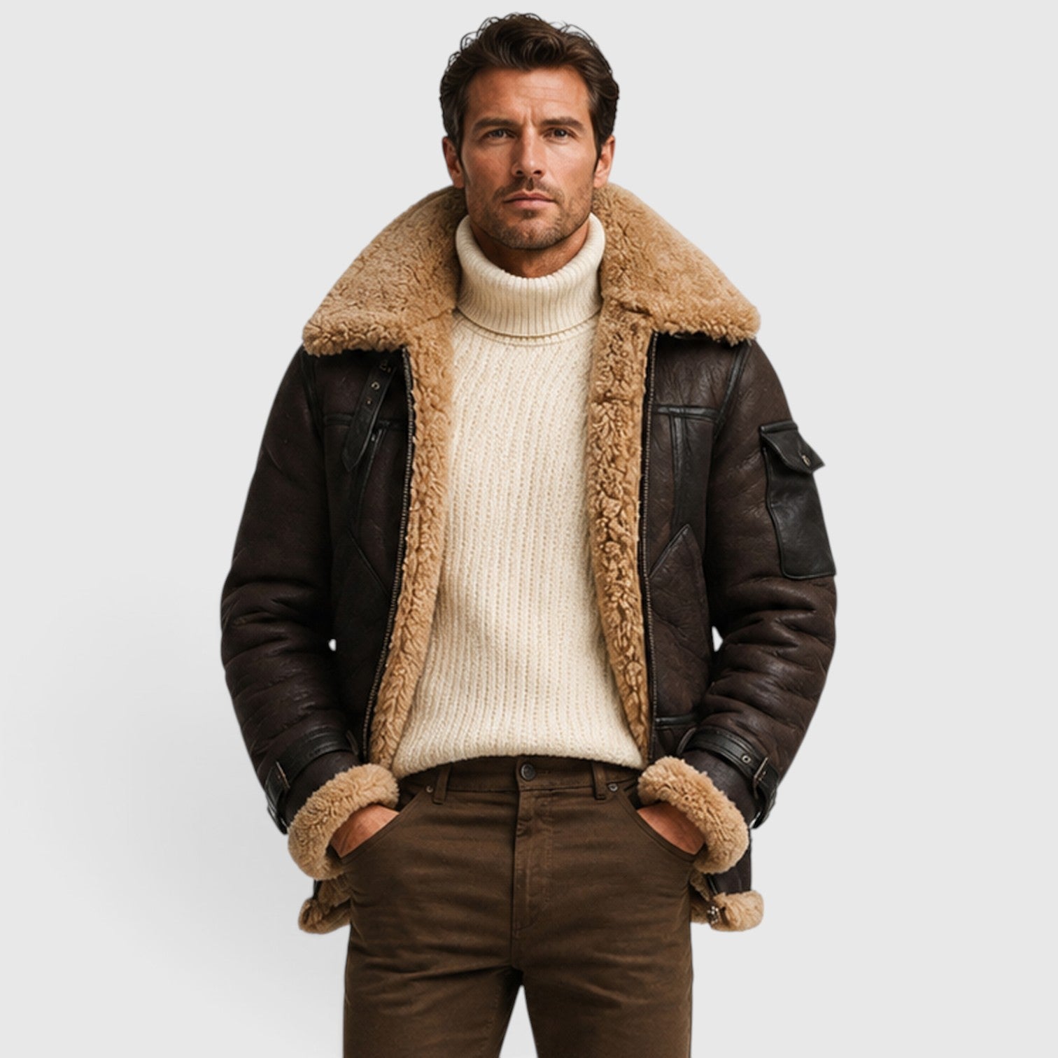Monvaline | Men’s Shearling Leather Jacket – Faux Fur Lined