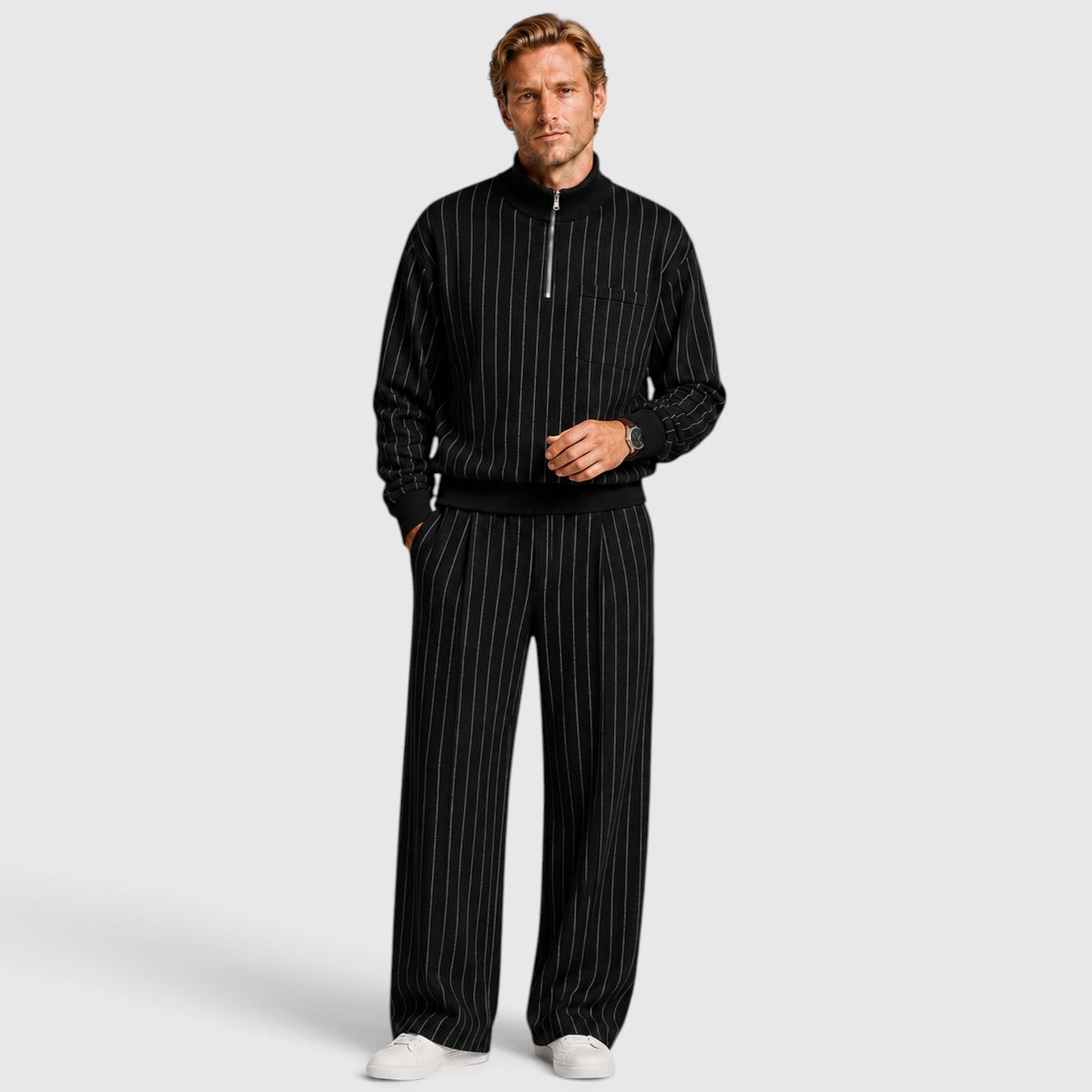 Monvaline | Men’s Striped Quarter-Zip Jumper & Trousers Set