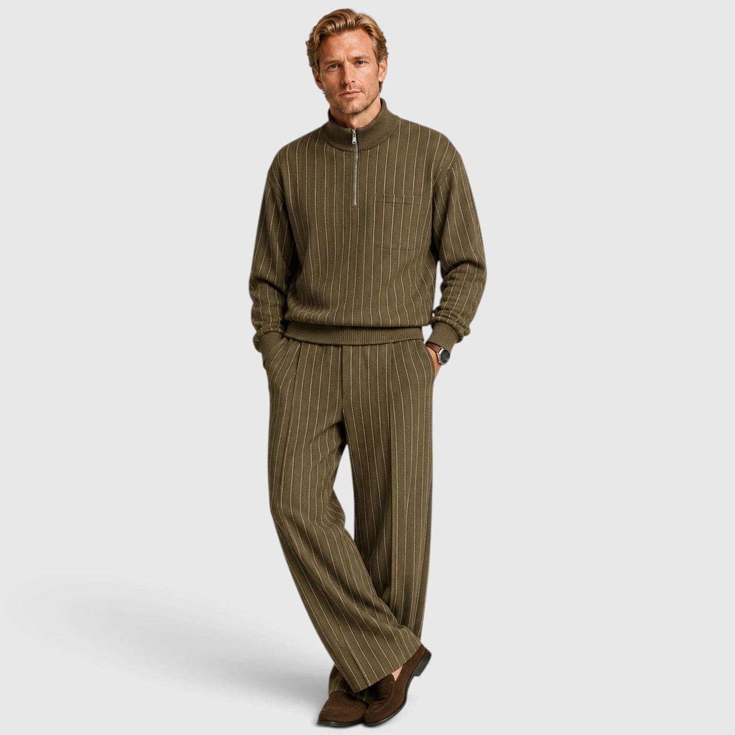 Monvaline | Men’s Striped Quarter-Zip Jumper & Trousers Set