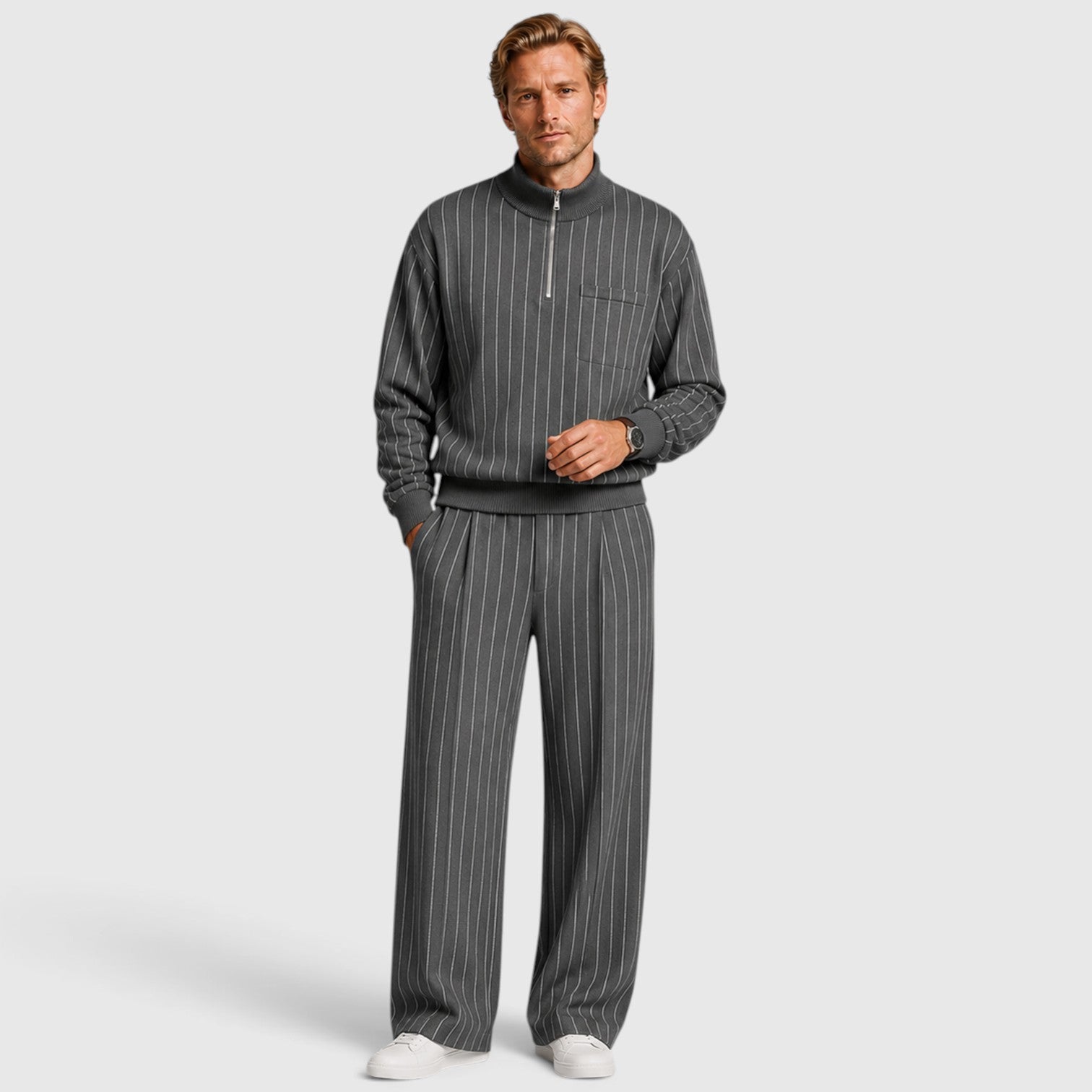 Monvaline | Men’s Striped Quarter-Zip Jumper & Trousers Set