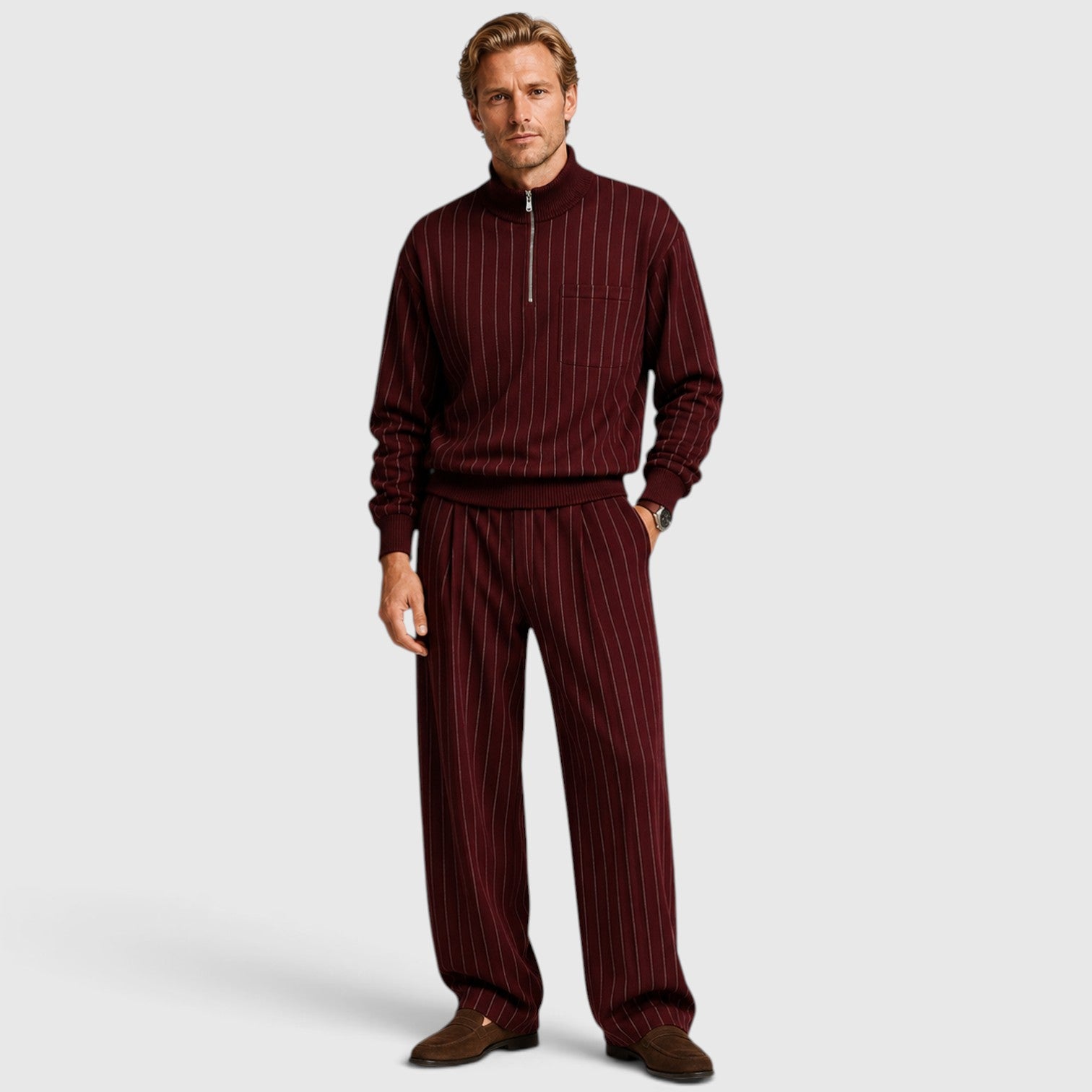 Monvaline | Men’s Striped Quarter-Zip Jumper & Trousers Set