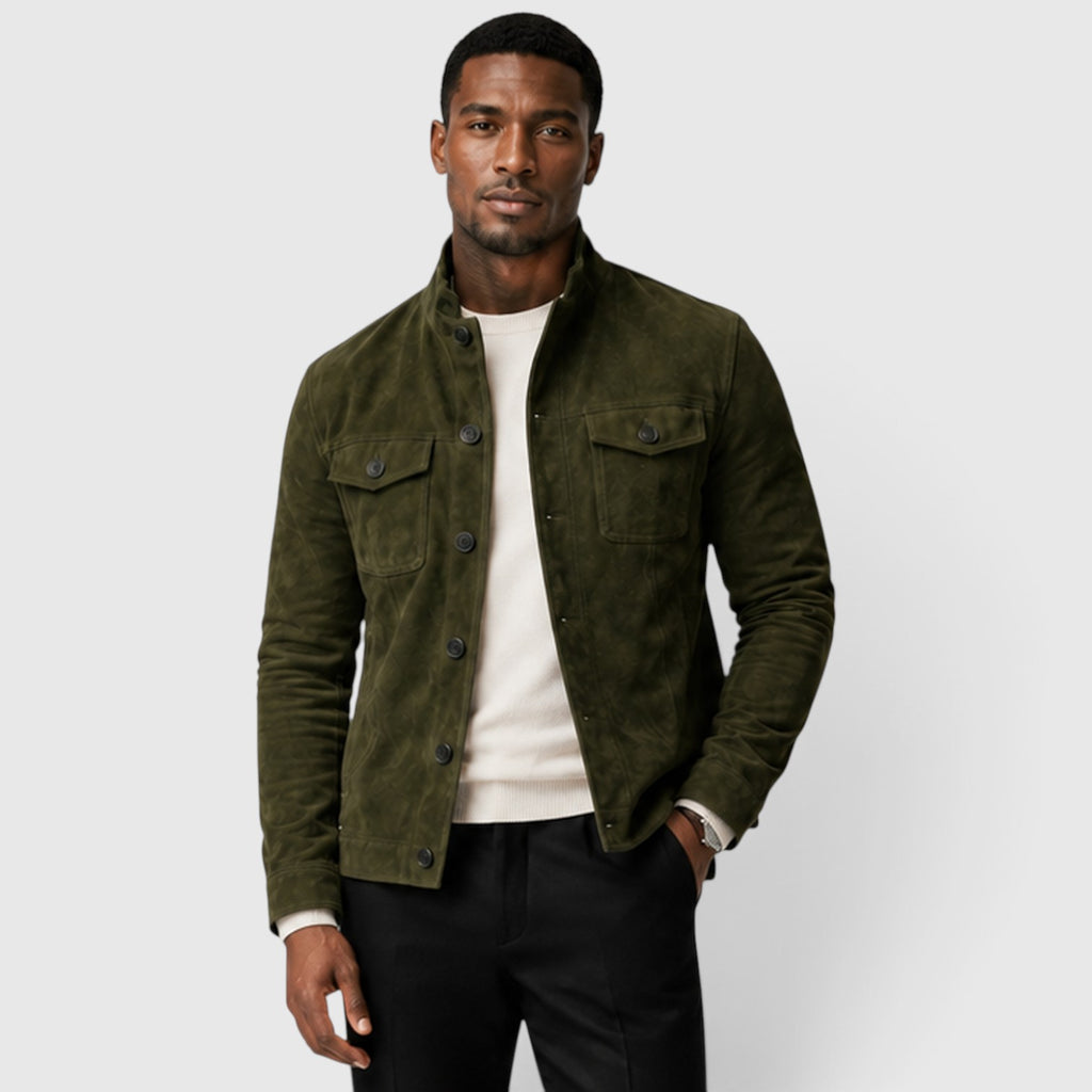 Monvaline | Men’s Suede Overshirt Jacket – Button Front Casual Fit