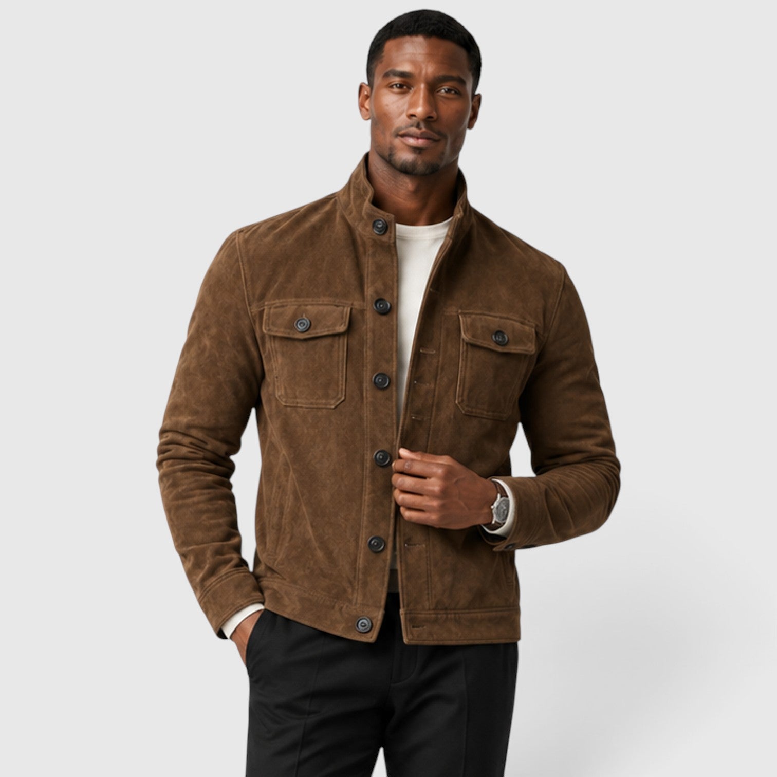 Monvaline | Men’s Suede Overshirt Jacket – Button Front Casual Fit