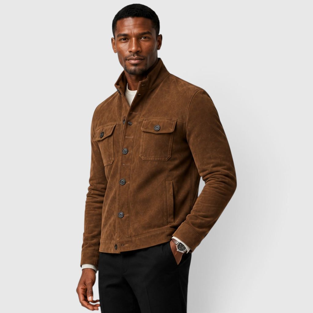 Monvaline | Men’s Suede Overshirt Jacket – Button Front Casual Fit