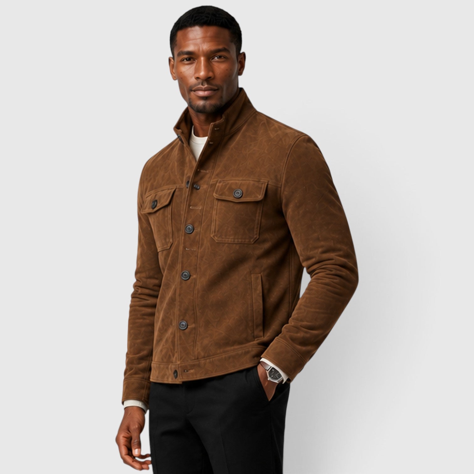 Monvaline | Men’s Suede Overshirt Jacket – Button Front Casual Fit