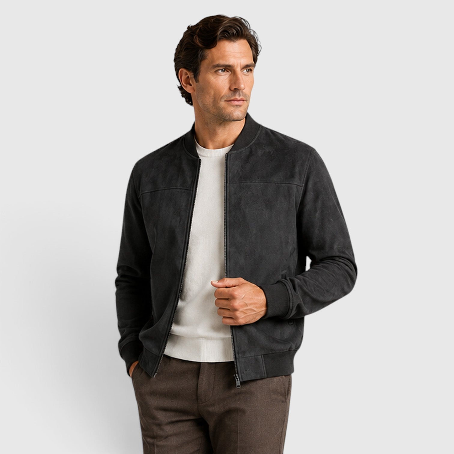 Monvaline | Men’s Suede Zip-Up Jacket - Relaxed Fit Casual Outerwear