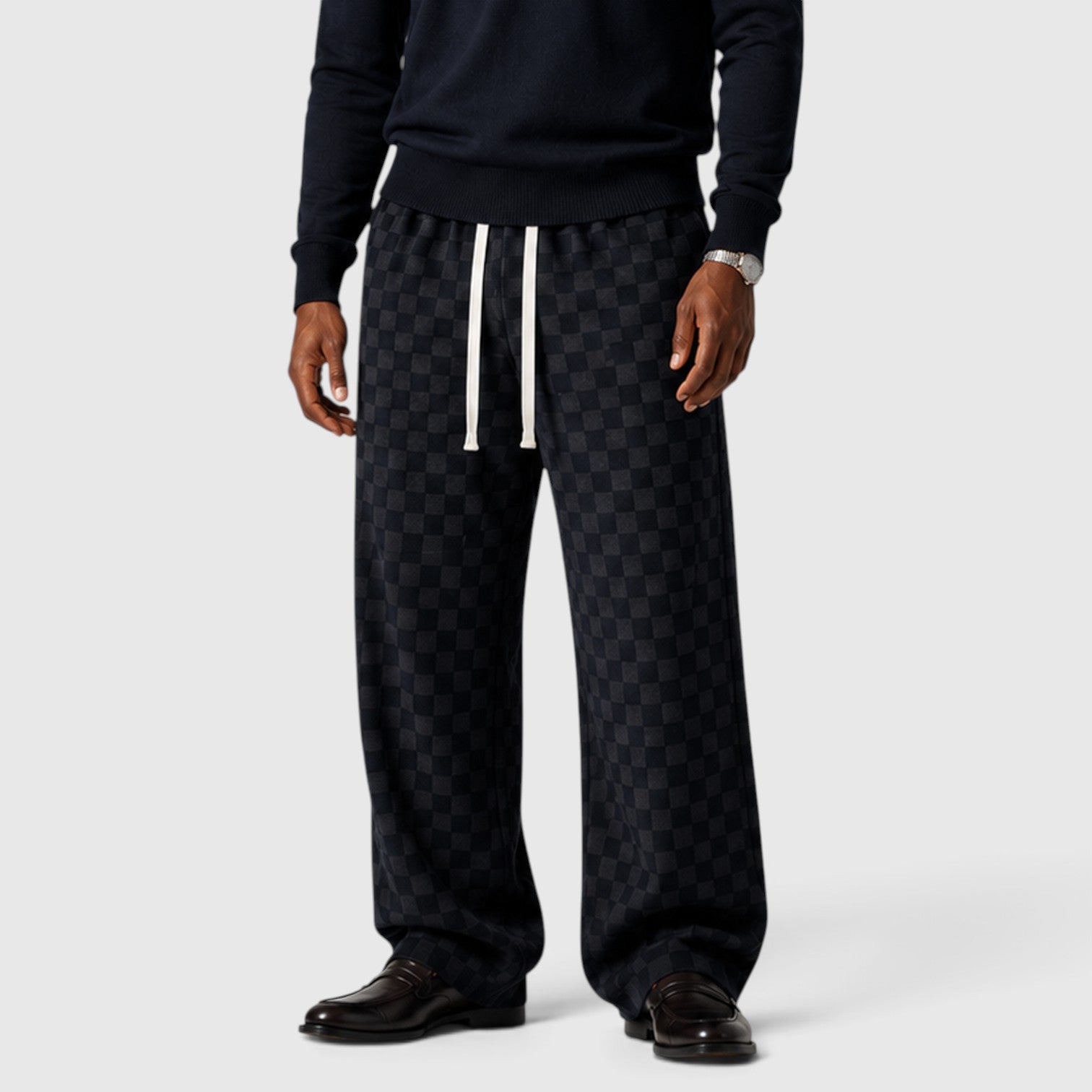 Monvaline | Men’s Textured Checkered Wide Leg Sweatpants – Relaxed Fit