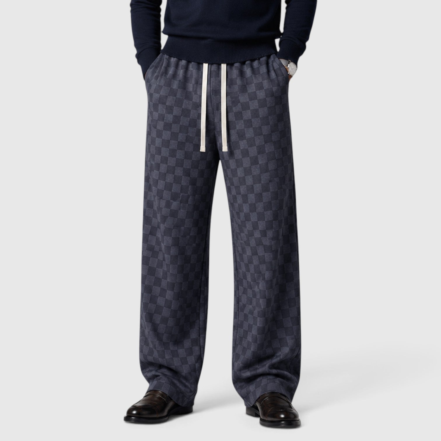 Monvaline | Men’s Textured Checkered Wide Leg Sweatpants – Relaxed Fit
