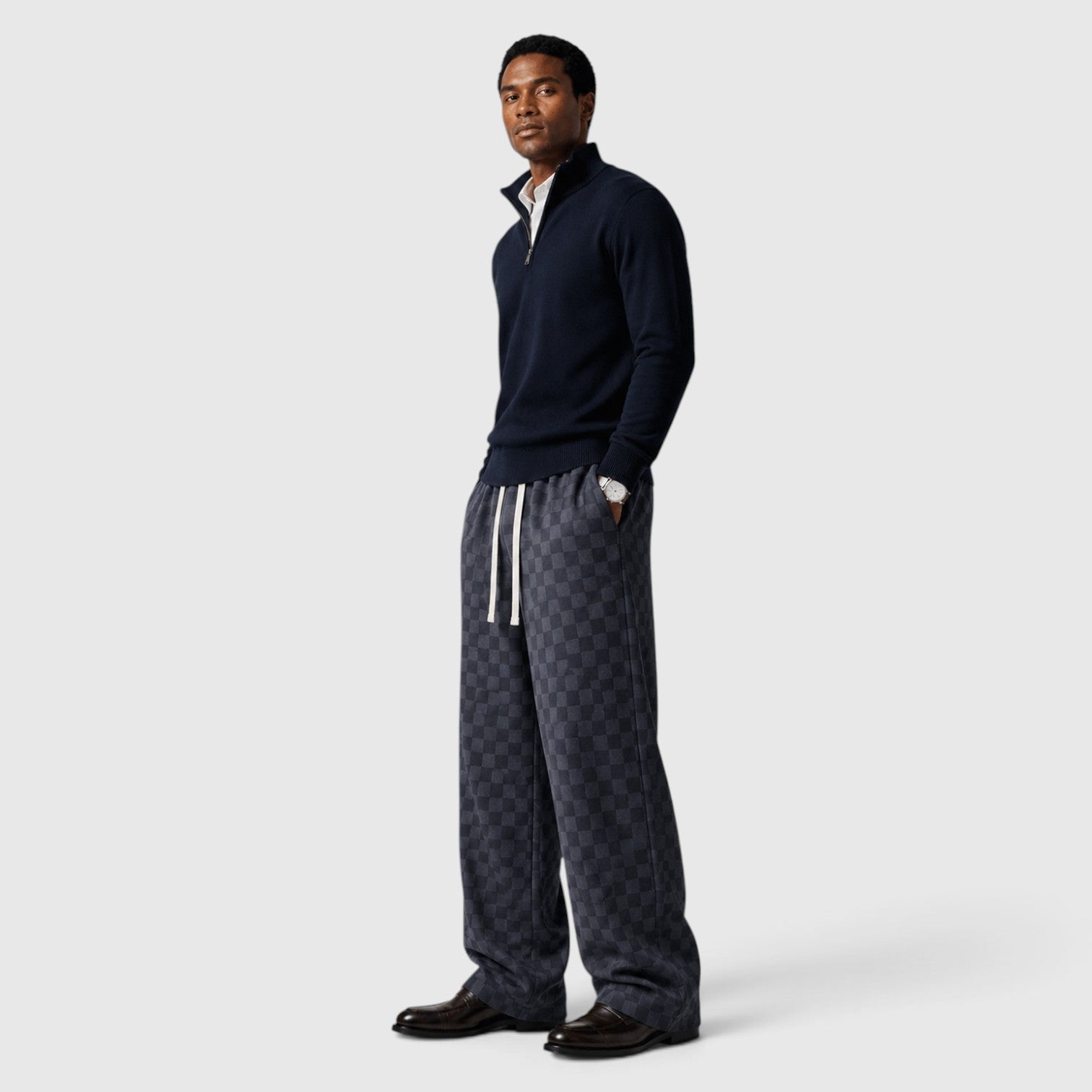 Monvaline | Men’s Textured Checkered Wide Leg Sweatpants – Relaxed Fit