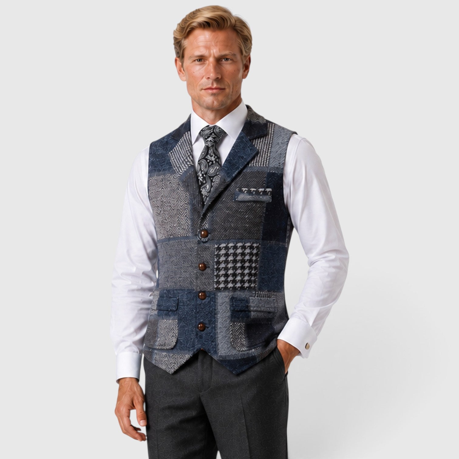 Monvaline | Men’s Tweed Waistcoat Vest – Checked Formal Style