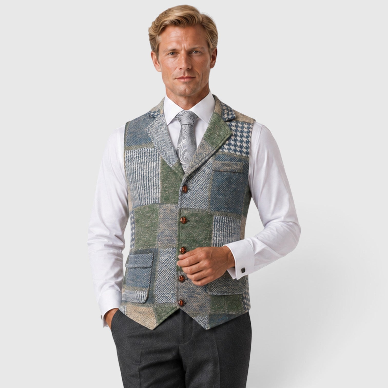 Monvaline | Men’s Tweed Waistcoat Vest – Checked Formal Style