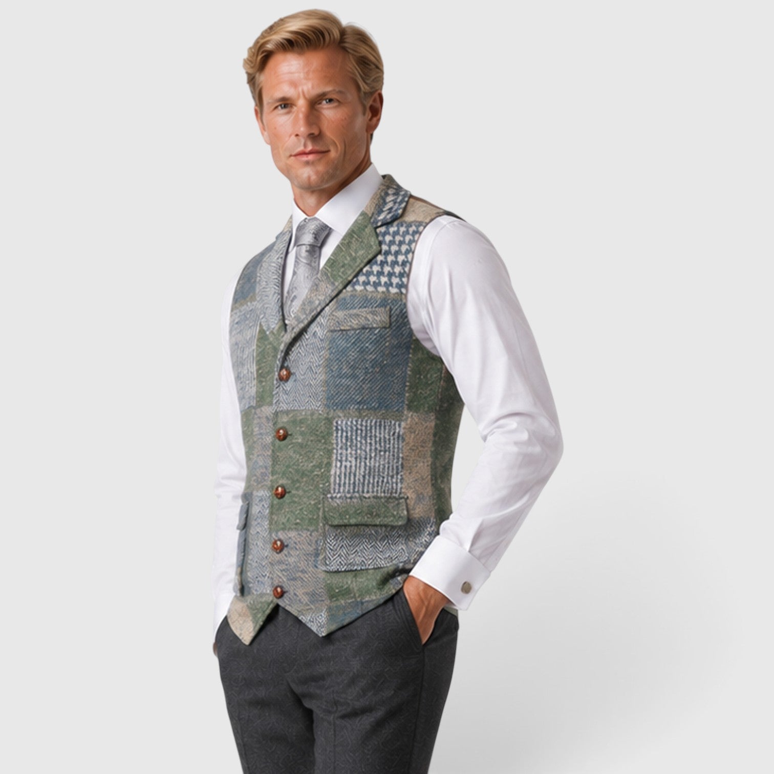Monvaline | Men’s Tweed Waistcoat Vest – Checked Formal Style