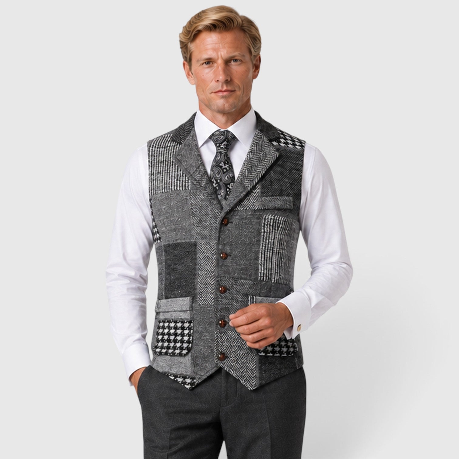 Monvaline | Men’s Tweed Waistcoat Vest – Checked Formal Style