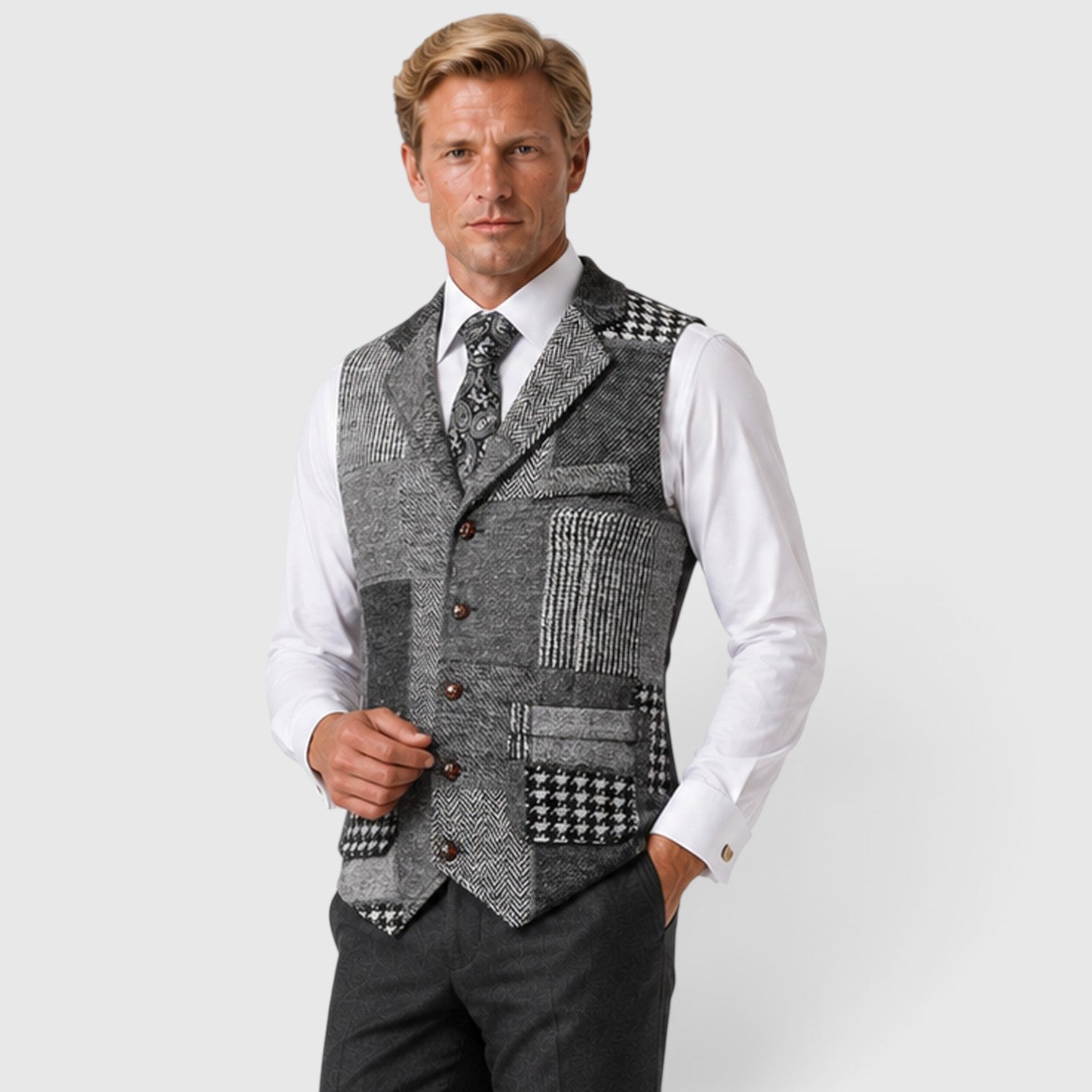 Monvaline | Men’s Tweed Waistcoat Vest – Checked Formal Style