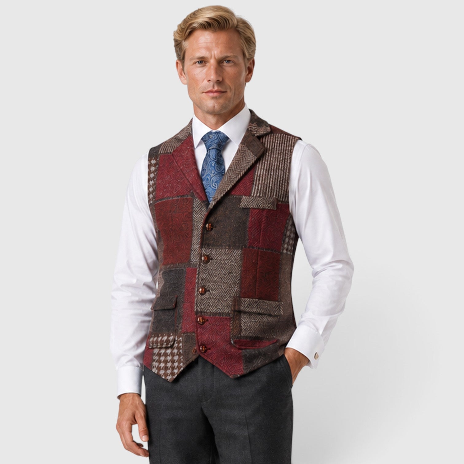 Monvaline | Men’s Tweed Waistcoat Vest – Checked Formal Style