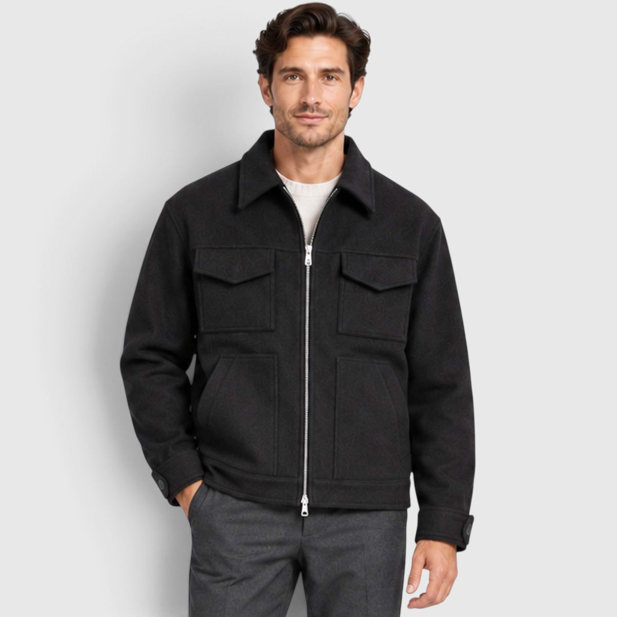 Monvaline | Men’s Utility Jacket – Suede-Look Zip Front Casual Outerwear