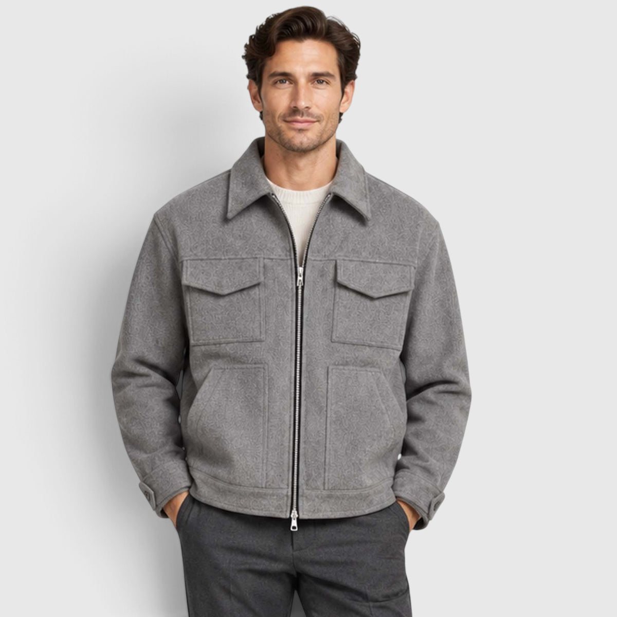 Monvaline | Men’s Utility Jacket – Suede-Look Zip Front Casual Outerwear