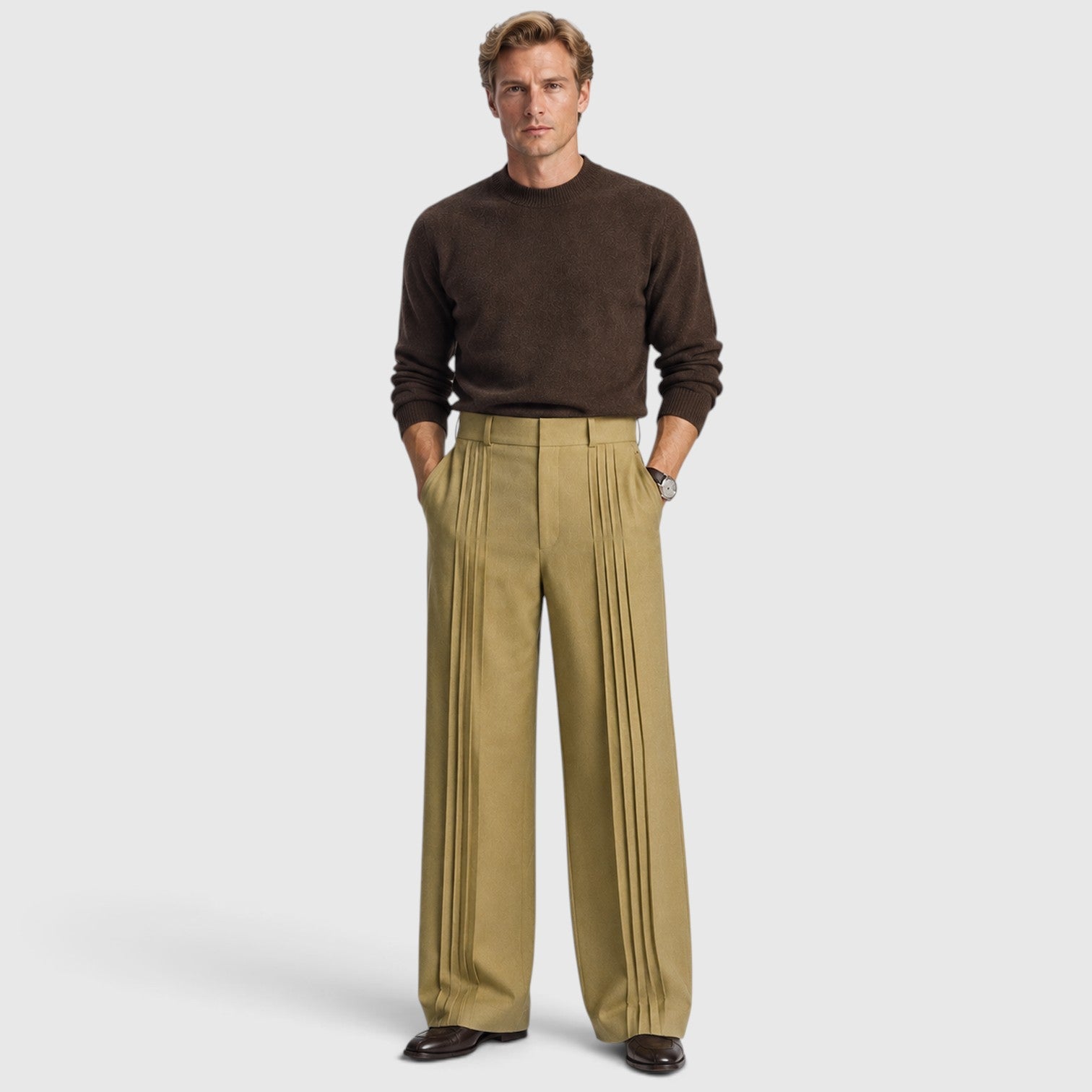 Monvaline | Men’s Wide-Leg Pleated Trousers – Tailored Fit