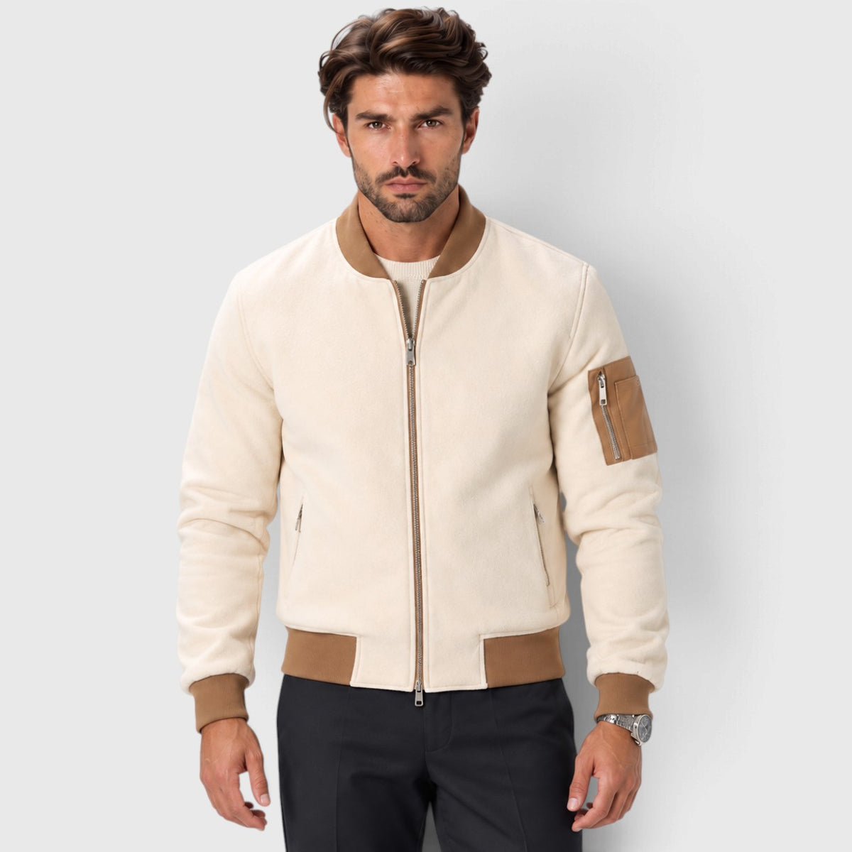 Monvaline | Men's Beige Bomber Jacket for Autumn Wool Blend Zip Up