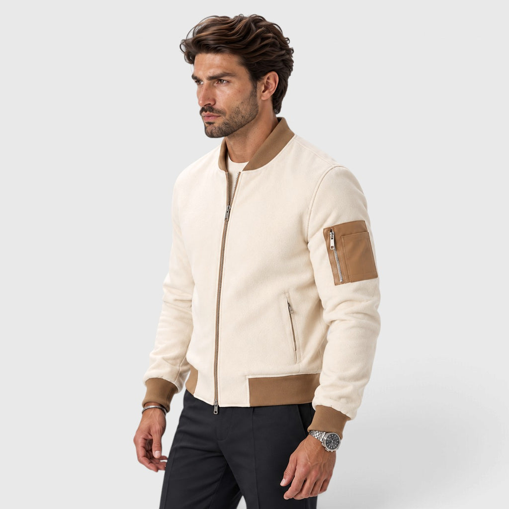 Monvaline | Men's Beige Bomber Jacket for Autumn Wool Blend Zip Up
