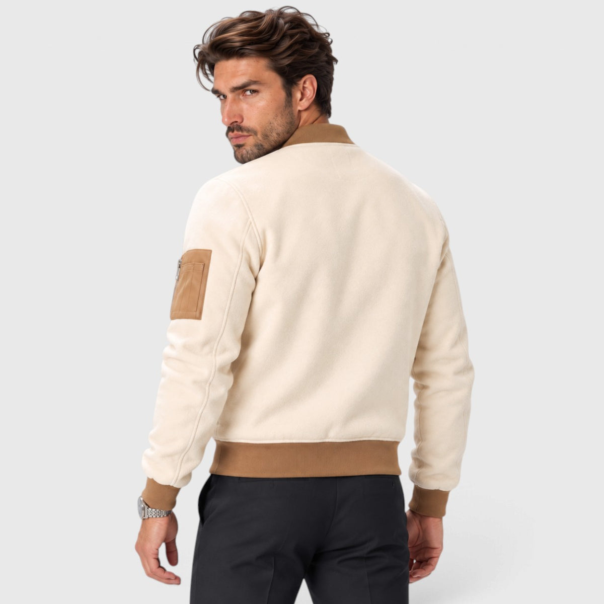 Monvaline | Men's Beige Bomber Jacket for Autumn Wool Blend Zip Up