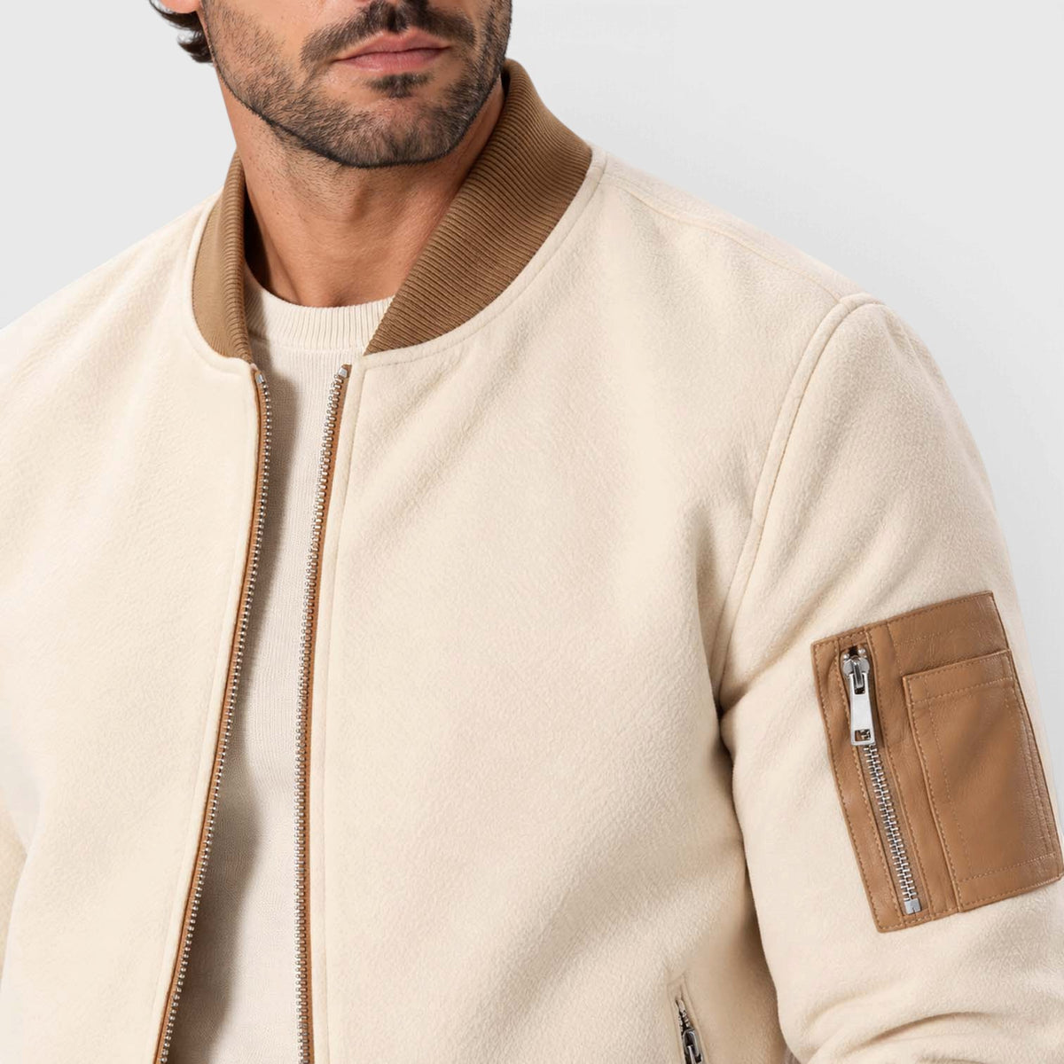 Monvaline | Men's Beige Bomber Jacket for Autumn Wool Blend Zip Up