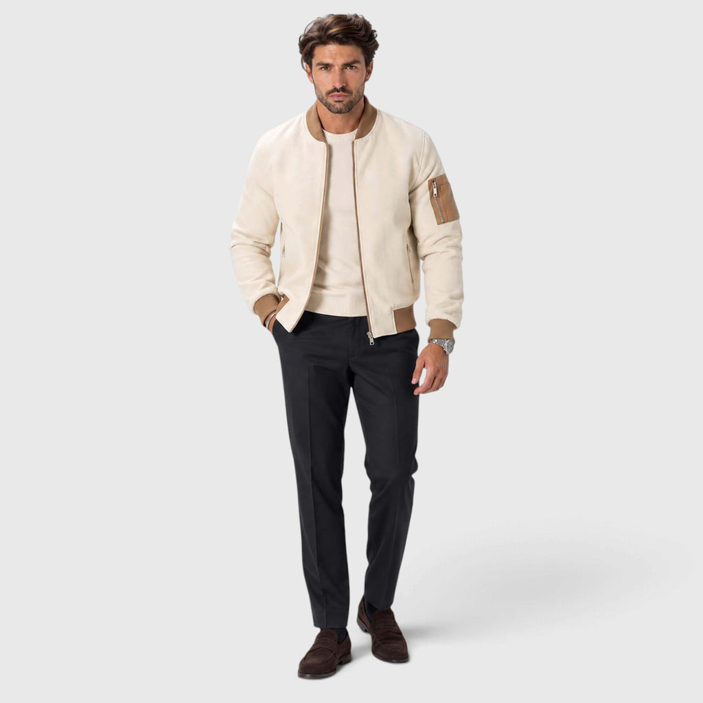 Monvaline | Men's Beige Bomber Jacket for Autumn Wool Blend Zip Up
