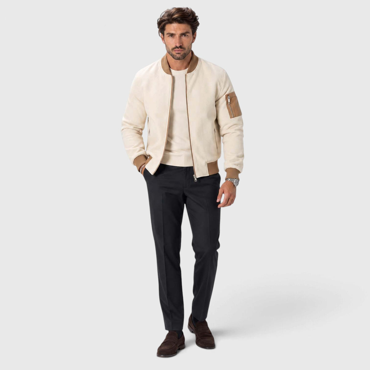 Monvaline | Men's Beige Bomber Jacket for Autumn Wool Blend Zip Up