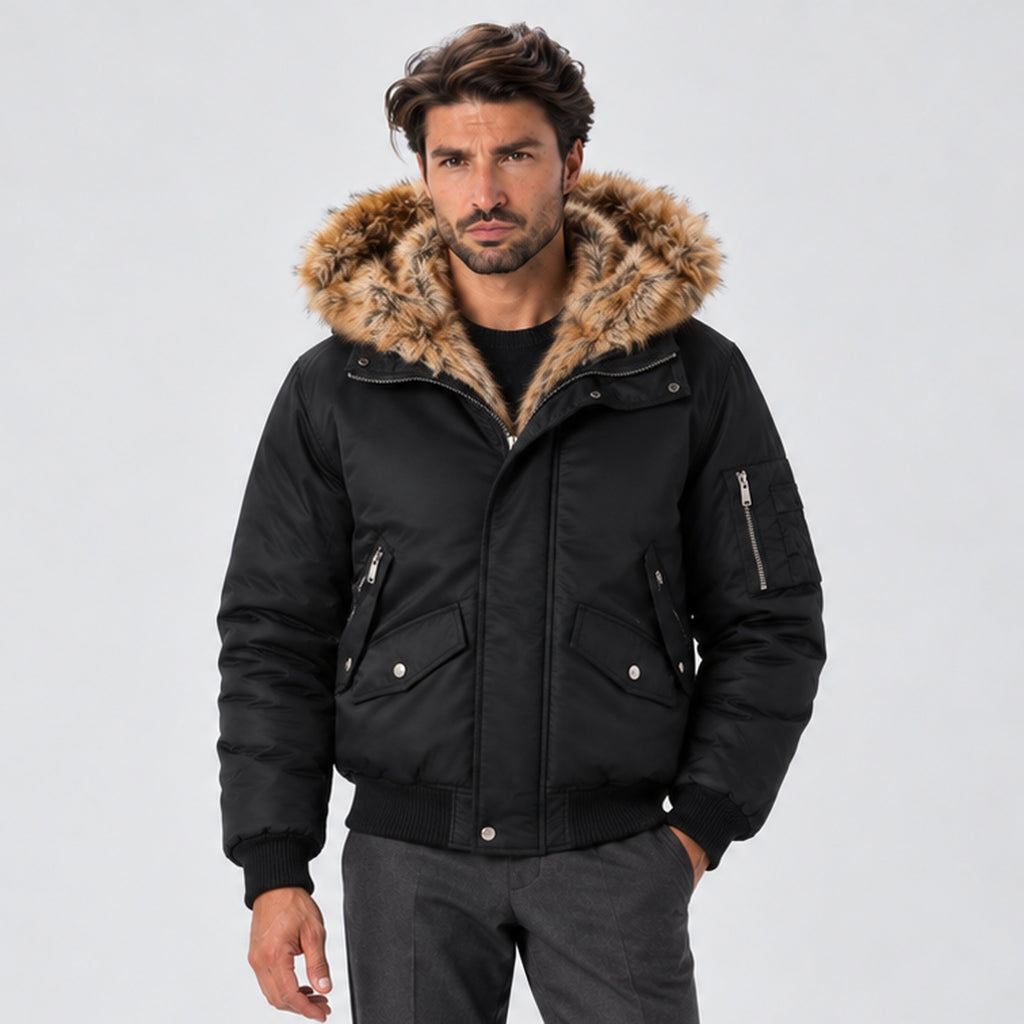 Monvaline | Men's Black Bomber Jacket with Faux Fur Hood – Winter