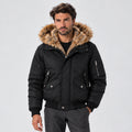 Monvaline | Men's Black Bomber Jacket with Faux Fur Hood – Winter