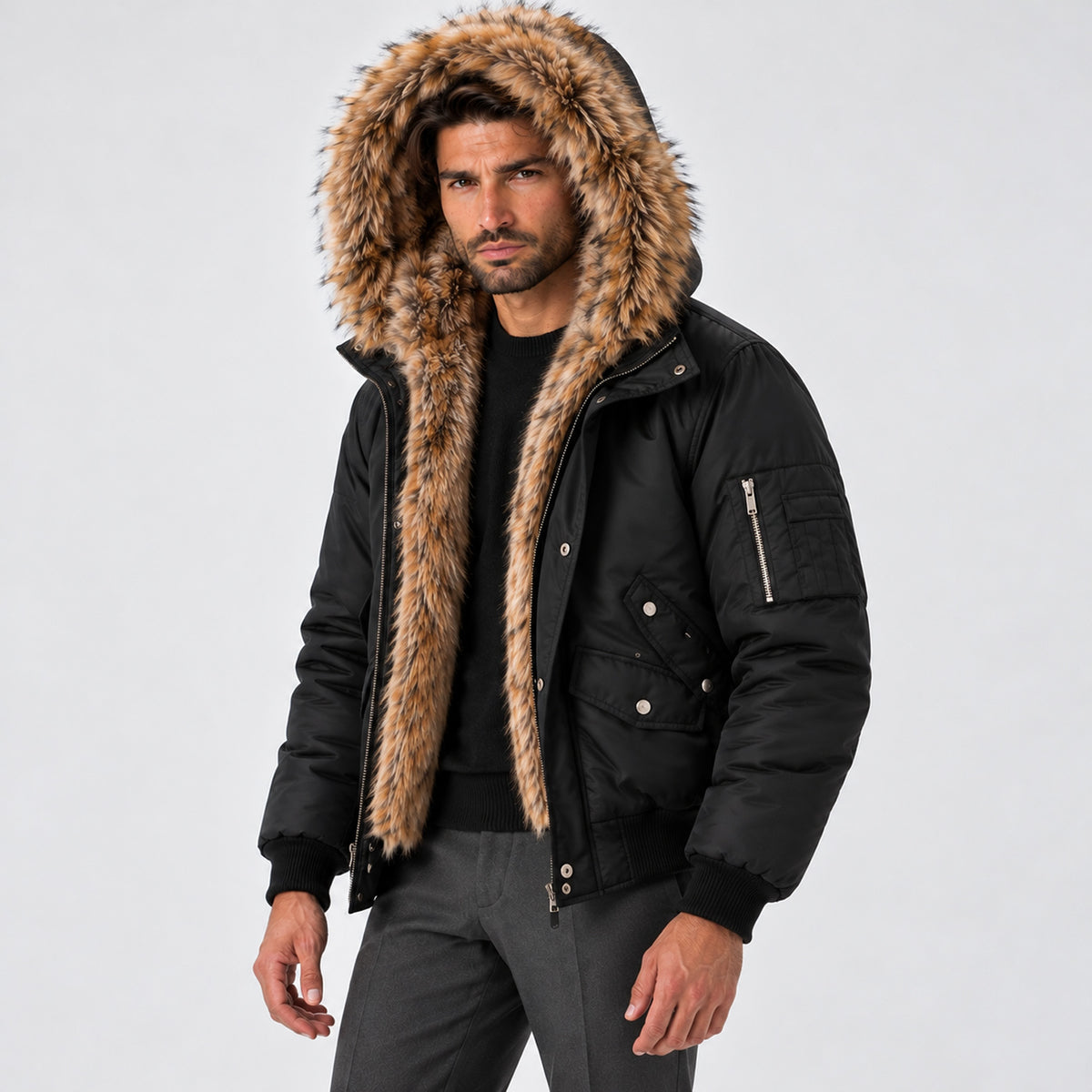 Monvaline | Men's Black Bomber Jacket with Faux Fur Hood – Winter