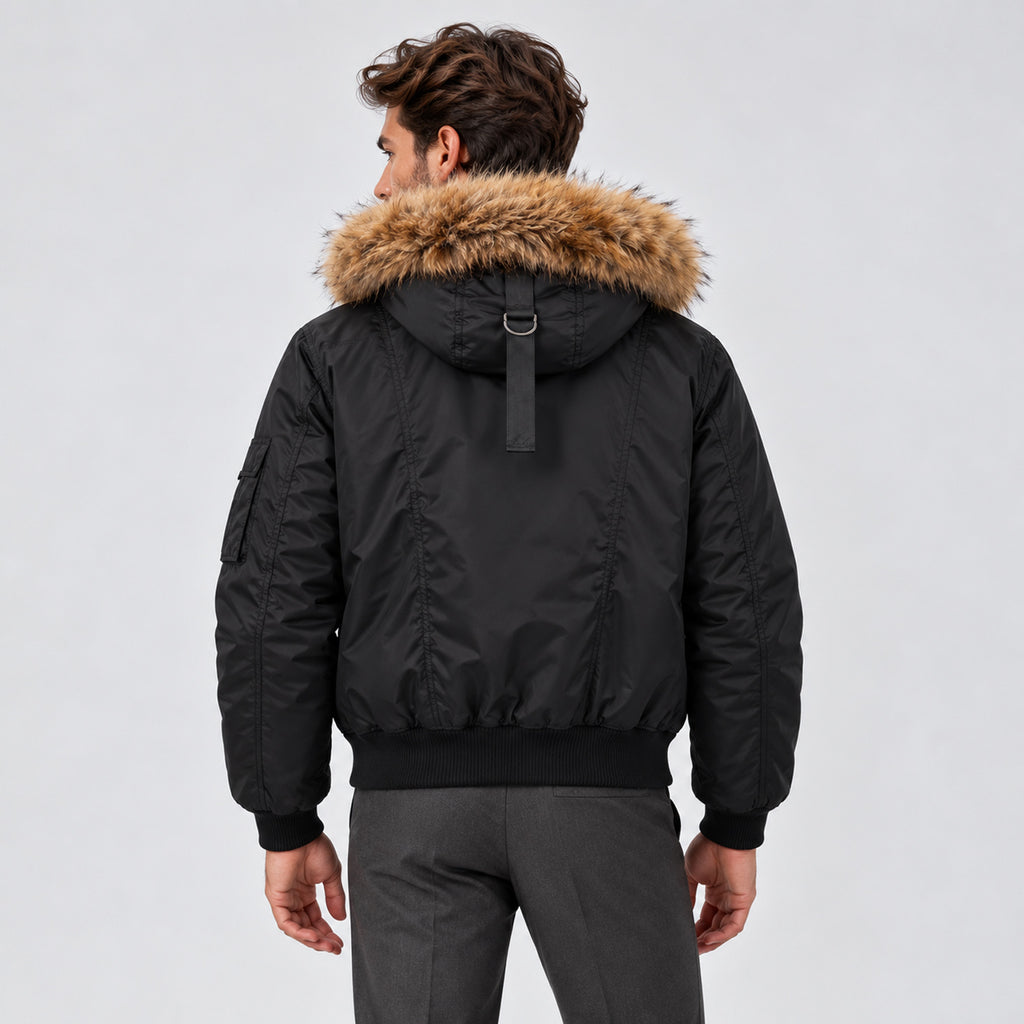 Monvaline | Men's Black Bomber Jacket with Faux Fur Hood – Winter