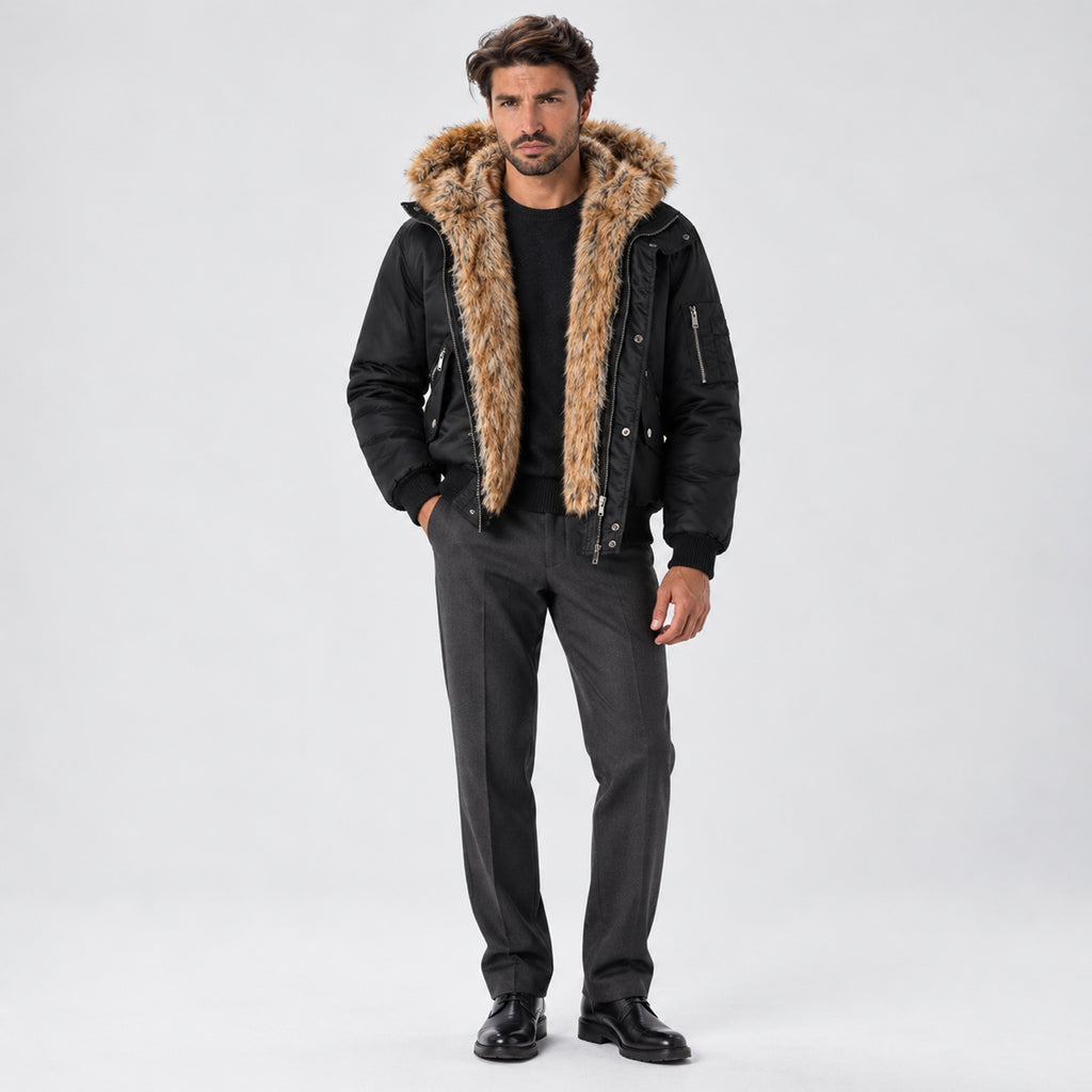 Monvaline | Men's Black Bomber Jacket with Faux Fur Hood – Winter