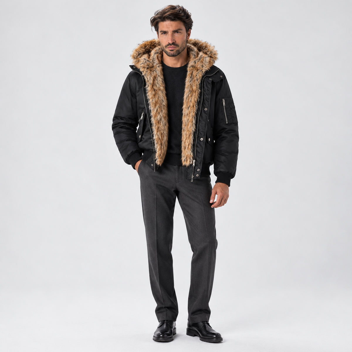 Monvaline | Men's Black Bomber Jacket with Faux Fur Hood – Winter