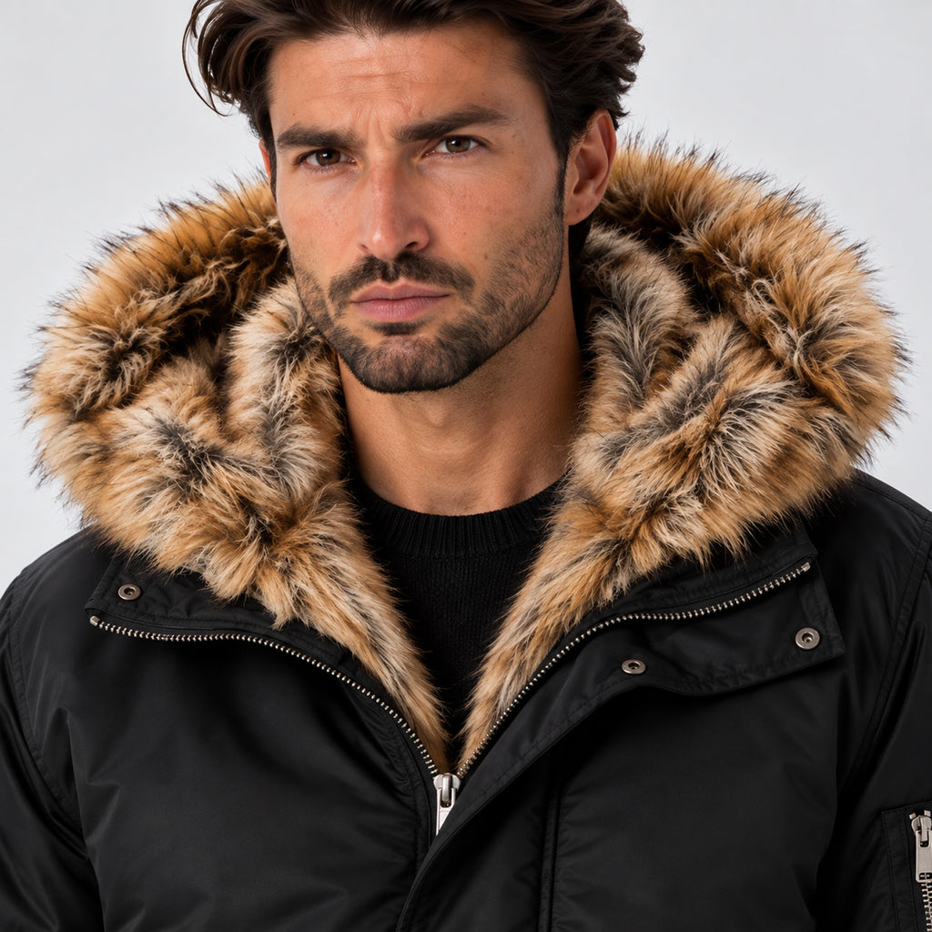 Monvaline | Men's Black Bomber Jacket with Faux Fur Hood – Winter