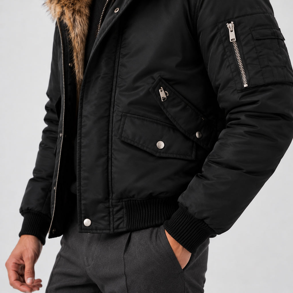 Monvaline | Men's Black Bomber Jacket with Faux Fur Hood – Winter