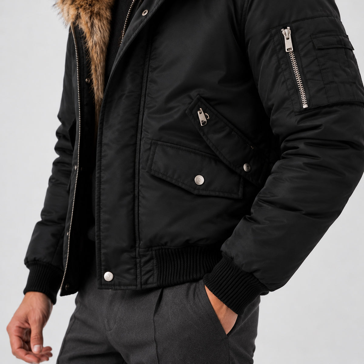Monvaline | Men's Black Bomber Jacket with Faux Fur Hood – Winter