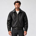 Monvaline | Men's Black Leather Jacket Zip Up Collared Casual Outerwear