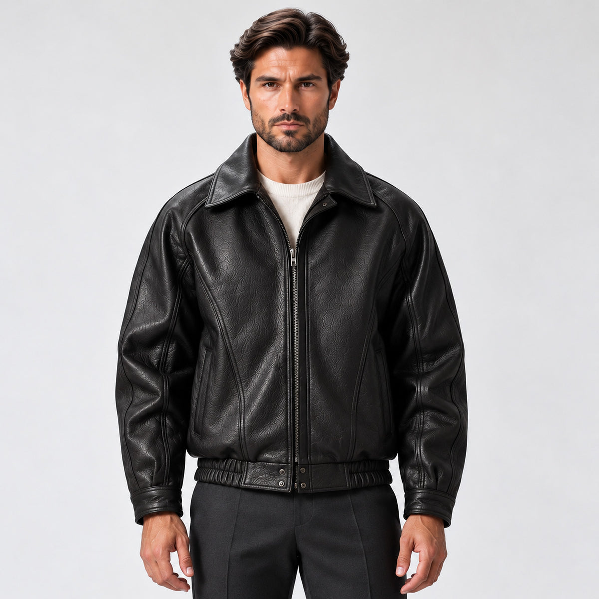 Monvaline | Men's Black Leather Jacket Zip Up Collared Casual Outerwear