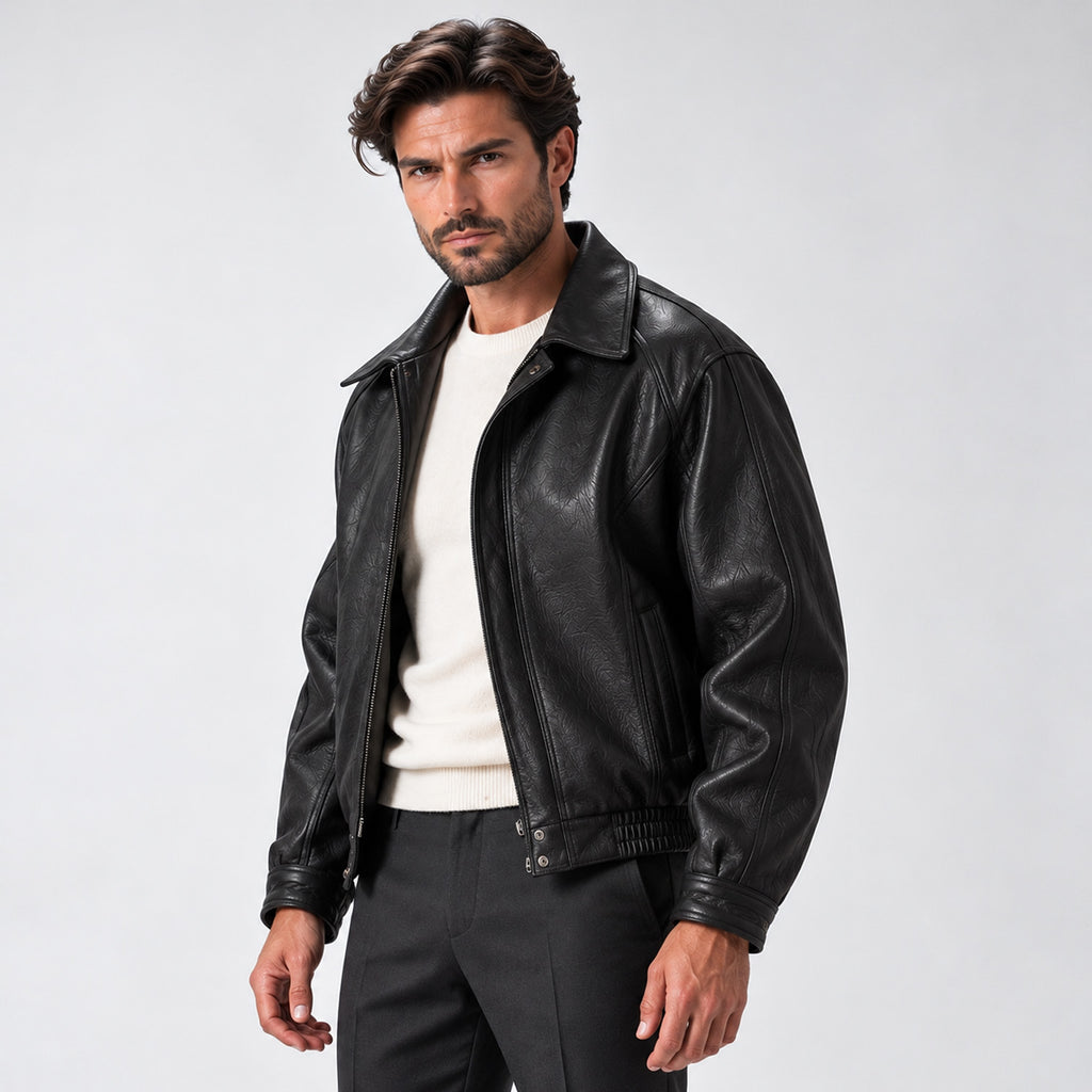 Monvaline | Men's Black Leather Jacket Zip Up Collared Casual Outerwear