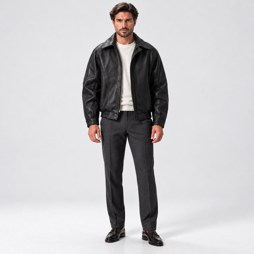 Monvaline | Men's Black Leather Jacket Zip Up Collared Casual Outerwear
