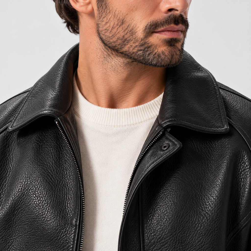 Monvaline | Men's Black Leather Jacket Zip Up Collared Casual Outerwear