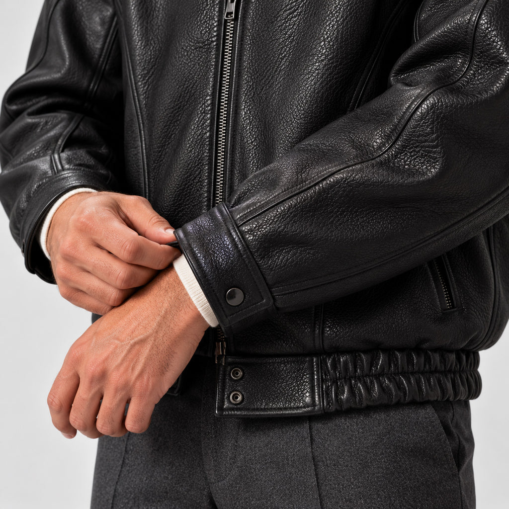 Monvaline | Men's Black Leather Jacket Zip Up Collared Casual Outerwear