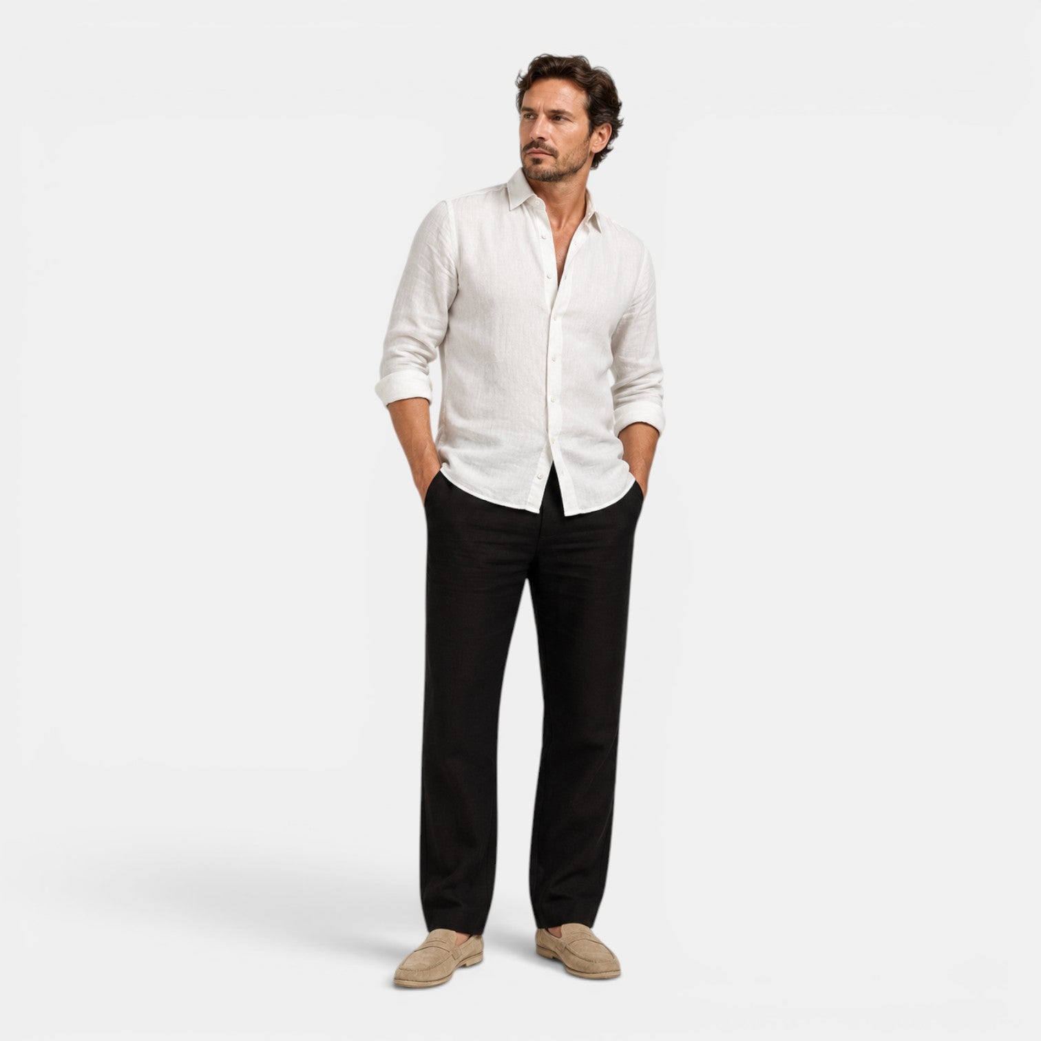 Monvaline | Men's Black Linen Drawstring Pants Straight Fit Casual Wear