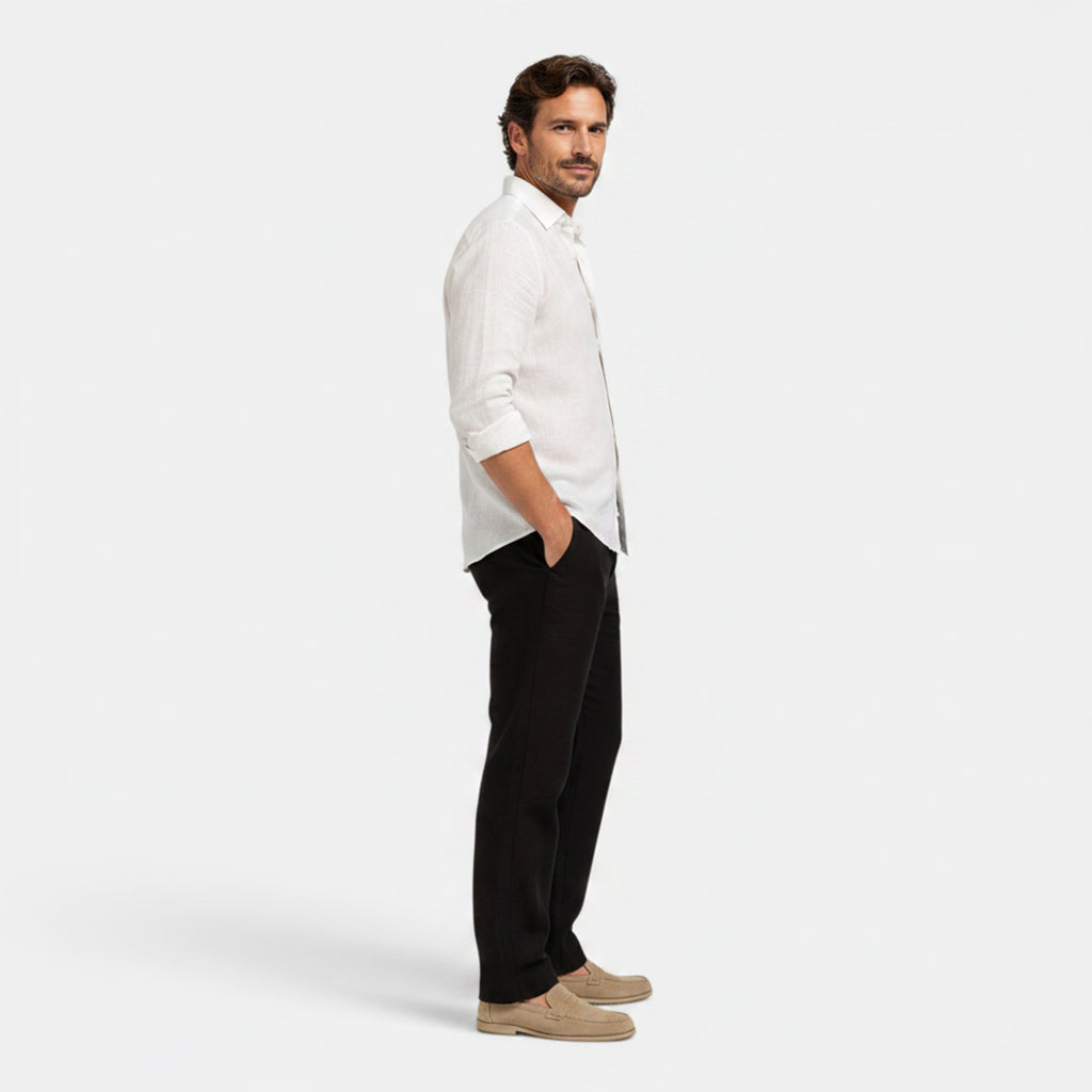 Monvaline | Men's Black Linen Drawstring Pants Straight Fit Casual Wear
