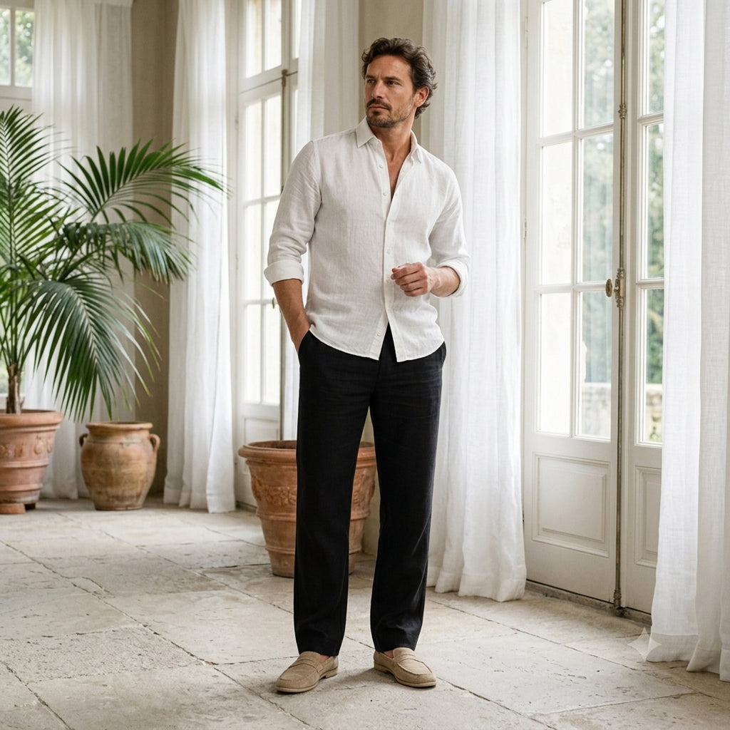 Monvaline | Men's Black Linen Drawstring Pants Straight Fit Casual Wear