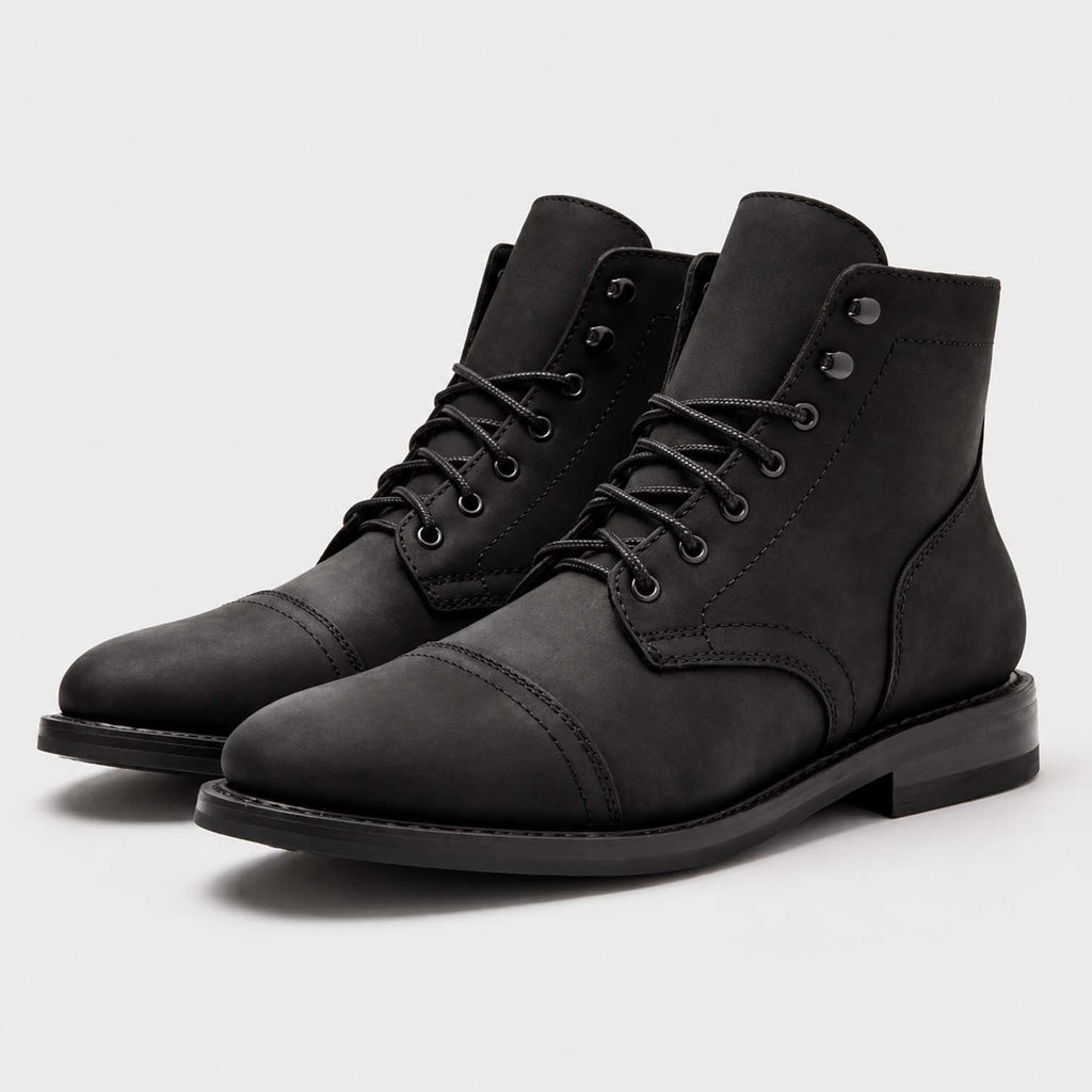 Monvaline | Men's Black Matte Leather Cap Toe Lace-Up Boots