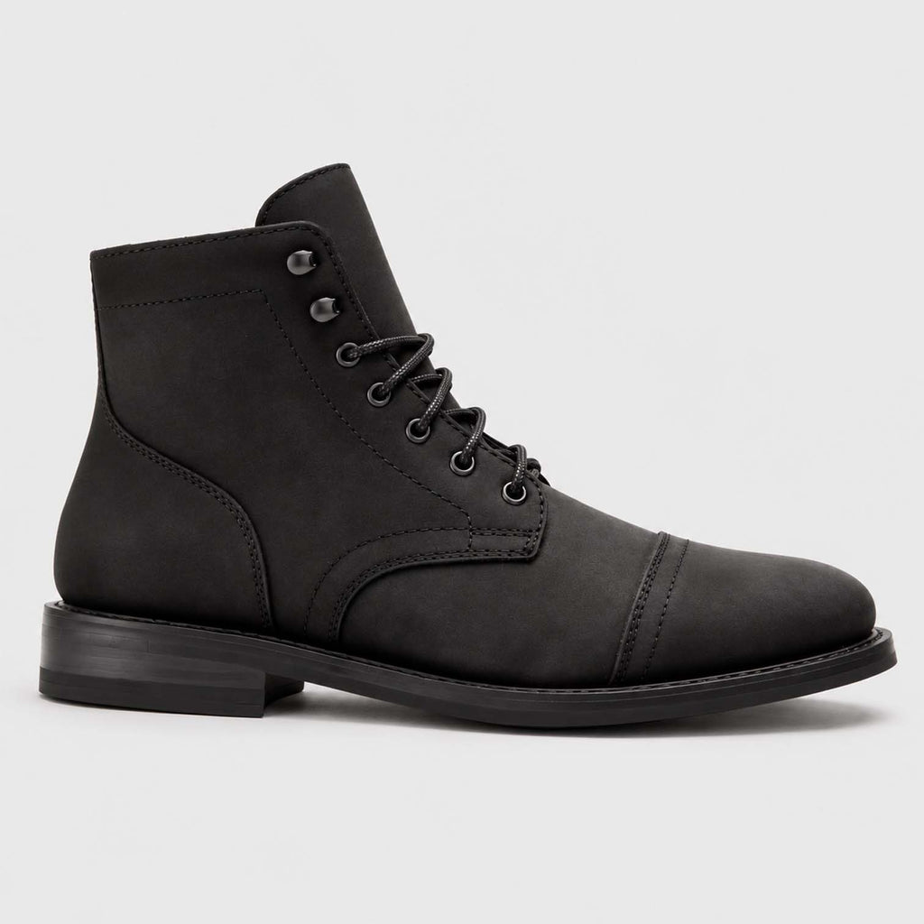 Monvaline | Men's Black Matte Leather Cap Toe Lace-Up Boots